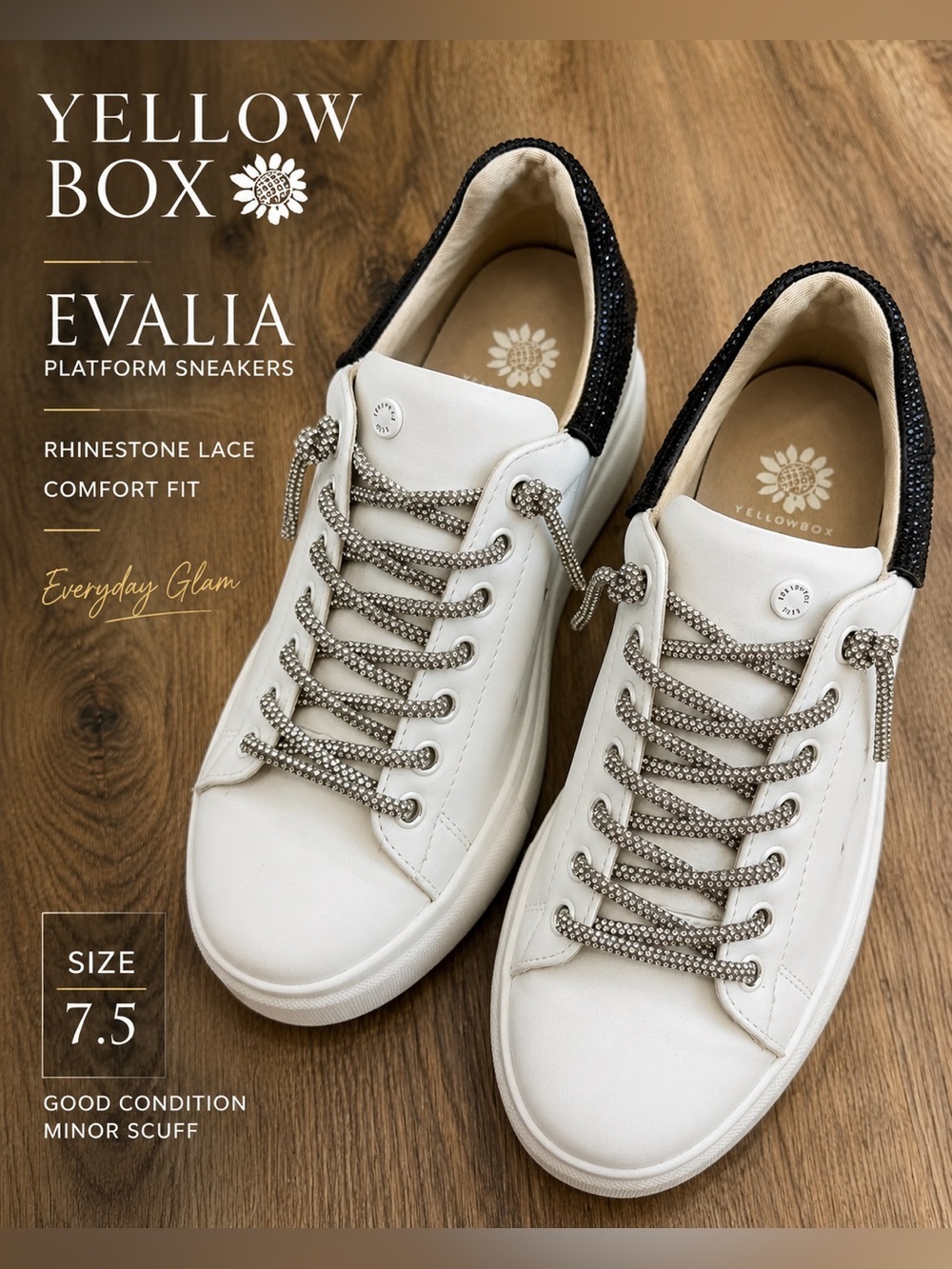 Yellow Box Evalia Platform Sneakers White Black Rhinestone Lace Size 7.5